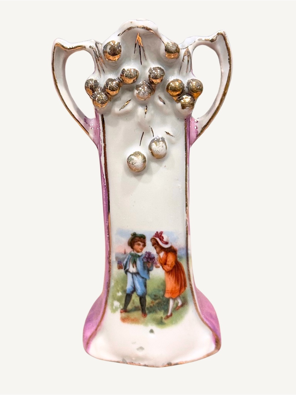 Antique German Porcelain Twin Handle Vase Courting Scene Pink Luster c. 1900